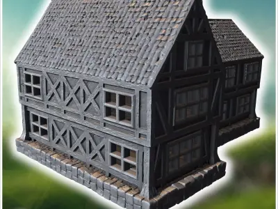 Large timber-framed building with multiple windows tiled roof an 3D print model