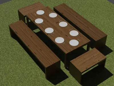 tavola legno con piatti wooden table with plates and forks 3D model