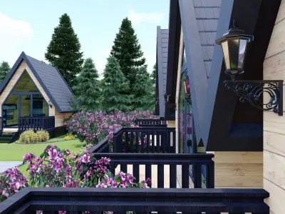 BUNGALOW two cabins in middle of grassy field 3D model