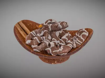 Chocolate Covered Pretzels in Coconut Bowl 3D model