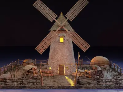 Animated stylized medieval scene of a mill with props Low-poly 3D model