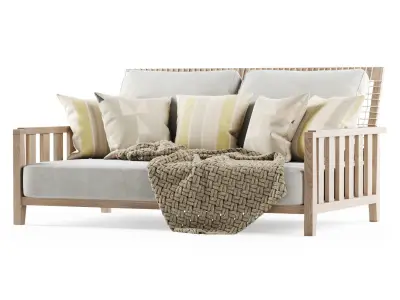 Double wooden garden sofa with plaid 3D model