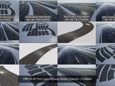 PBR 4K-2K Four-Lane Highway Roads Collection 3D Model Pack