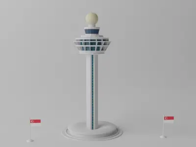 Cartoon Singapore Changi Airport Control Tower Low-poly 3D model