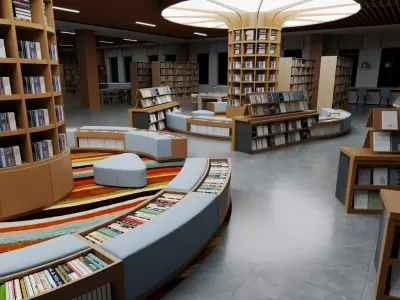Modern bookstore interior design Low-poly 3D model