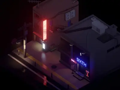 Low Poly Bar Night Exterior Scene Low-poly 3D model