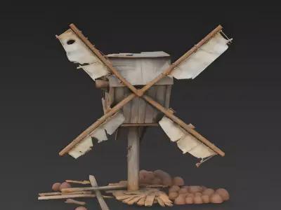 Ruined Medieval Wooden Post Mill 3D Model Low-poly 3D model
