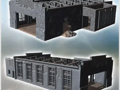 Partially destroyed building with large windows and missing roof 3D print model