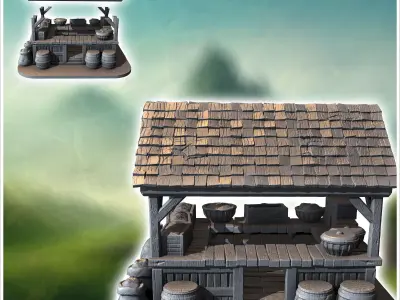 Wooden market stall with barrels crates and a slanted roof displ 3D print model