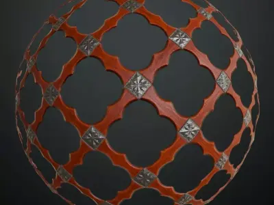 Ornate Wood Lattice with Metal Studs PBR Seamless Texture
