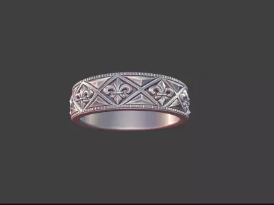 Fleur de Lis Band Ring with Geometric Triangles Silver Jewelry 3D print model