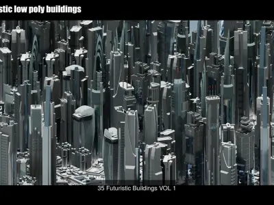 320 Futuristic LowPoly Buildings plus 20 Flying Cars 3D Model Pack
