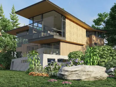 A Villa in the valley with flowers and trees 3D model