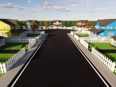 3D Neighborhood Model 5 street with houses and picket fence 3D model