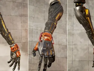 mechanical arm robot hand with leather cable and carvings 3D model