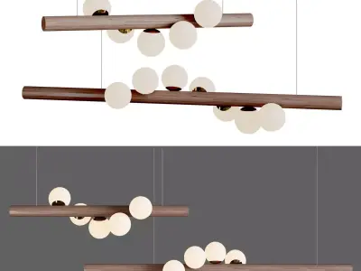 Chandelier pendant light with balls hanging from wooden rods 3D model