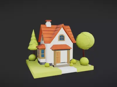 Low-poly cartoon house with trees 3D model