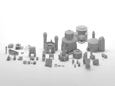 Collection of different low-poly buildings Low-poly 3D model