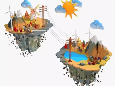 Floating Industrial Islands Low Poly 3D model