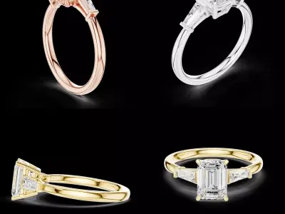 Emerald Cut Three Stone Diamond Ring STL 3DM Model 3D print model