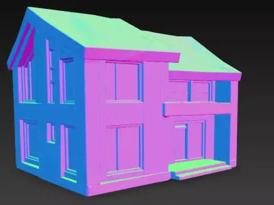 Stylized Modern House Low Poly 3D Model Roof Vertical Panels Low-poly 3D model