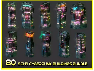 80 Unique Sci-Fi Cyberpunk City Skyscraper Building Pack Bundle 