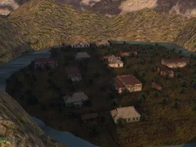 Low Poly AR VR Game ready destroyed village 3d model Low-poly 3D model