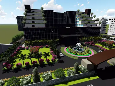 Hotel building with lot of greenery Low-poly 3D model