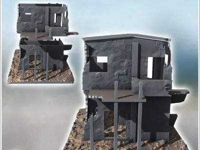 Ruined modern building with external stairs and demolished terra 3D print model