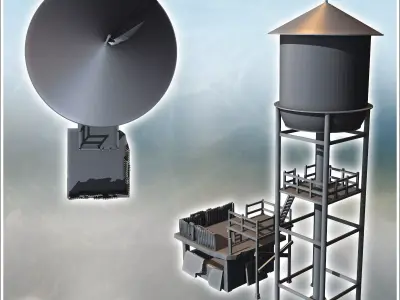 Tall water tower with adjacent platforms and access ladders surr 3D print model