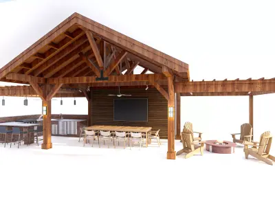 Rustic Timber Pavilion with Outdoor Kitchen 3D model