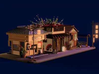 Stylized Japanese Mini Street Diorama 3D Model Low-poly 3D model