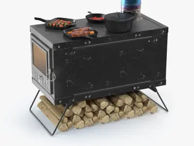  Outdoor Wood Stove with Fire and Cooking Pots Black Fur 