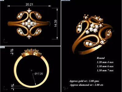 Gold Flower Shaped Ring with Diamonds 3D print model