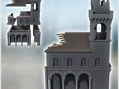 Large classical tile-roofed building with stone walls clock towe 3D print model purchase