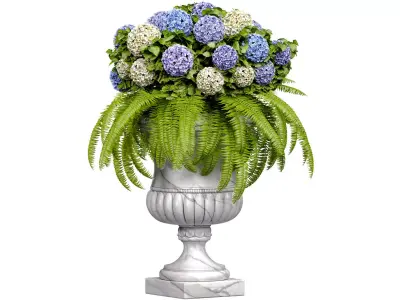 Hydrangea flowers  Fern plant Classic marble Luxury flower vase 3D model
