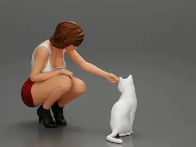 Beautiful girl Sit Near Her Cat 3D print model