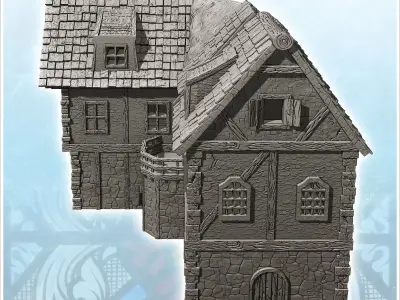 Medieval house with balcony and mixed thatch and slate roof 23 - 3D print model