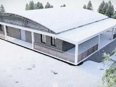 Double story building structure with outdoor water pond Exterior 3D model