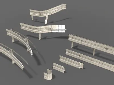 Modular - Rusty road safety barrier Kit - 3D VR  AR  game ready  Low-poly 3D model