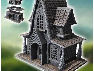 Medieval house with rounded tiled roof patterned facade walls an 3D print model