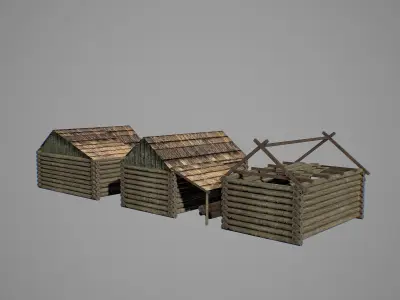 Sawmill three wooden huts Low-poly 3D model