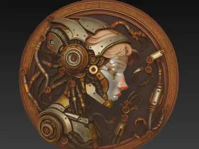 Cyberpunk Medallion - Futuristic Female Mecha Relief 3D Model 3D print model