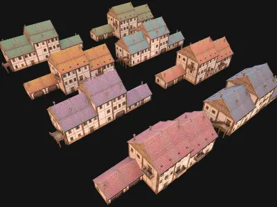 Medieval Brick Town House with Barn Low-poly 3D model