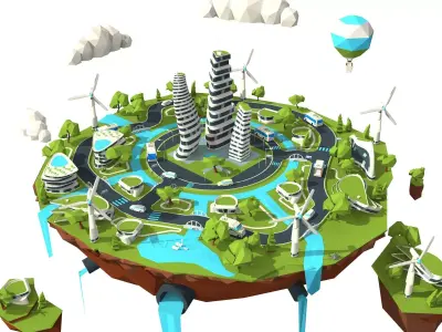 city lowpoly on island with wind turbines Low-poly 3D model