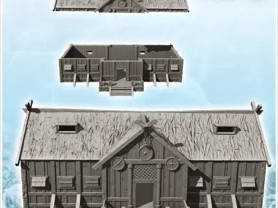 Wooden Viking building with access stairs and pediment chain 16  3D print model