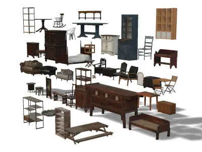 Vintage And Classic Furniture 3D Model Pack Low Poly Game Ready Low-poly 3D model
