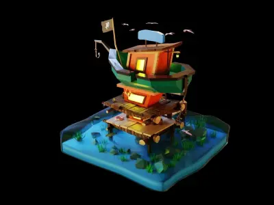 a boat hotel on the sea low poly  Low-poly 3D model