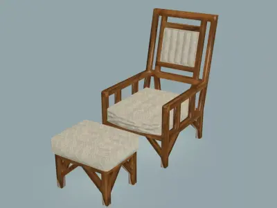 Wooden and cotton armchair with pouf 3D model
