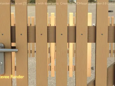 Wooden fence set 3 Vertical with door parts Low-poly 3D model